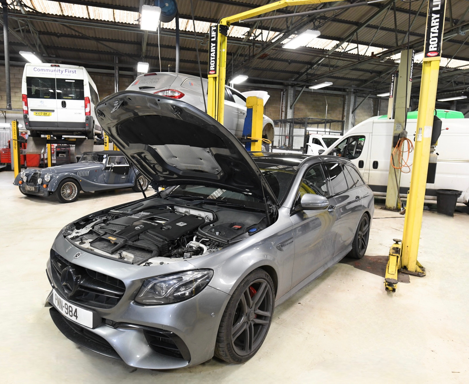 grey Mercedes in the workshop